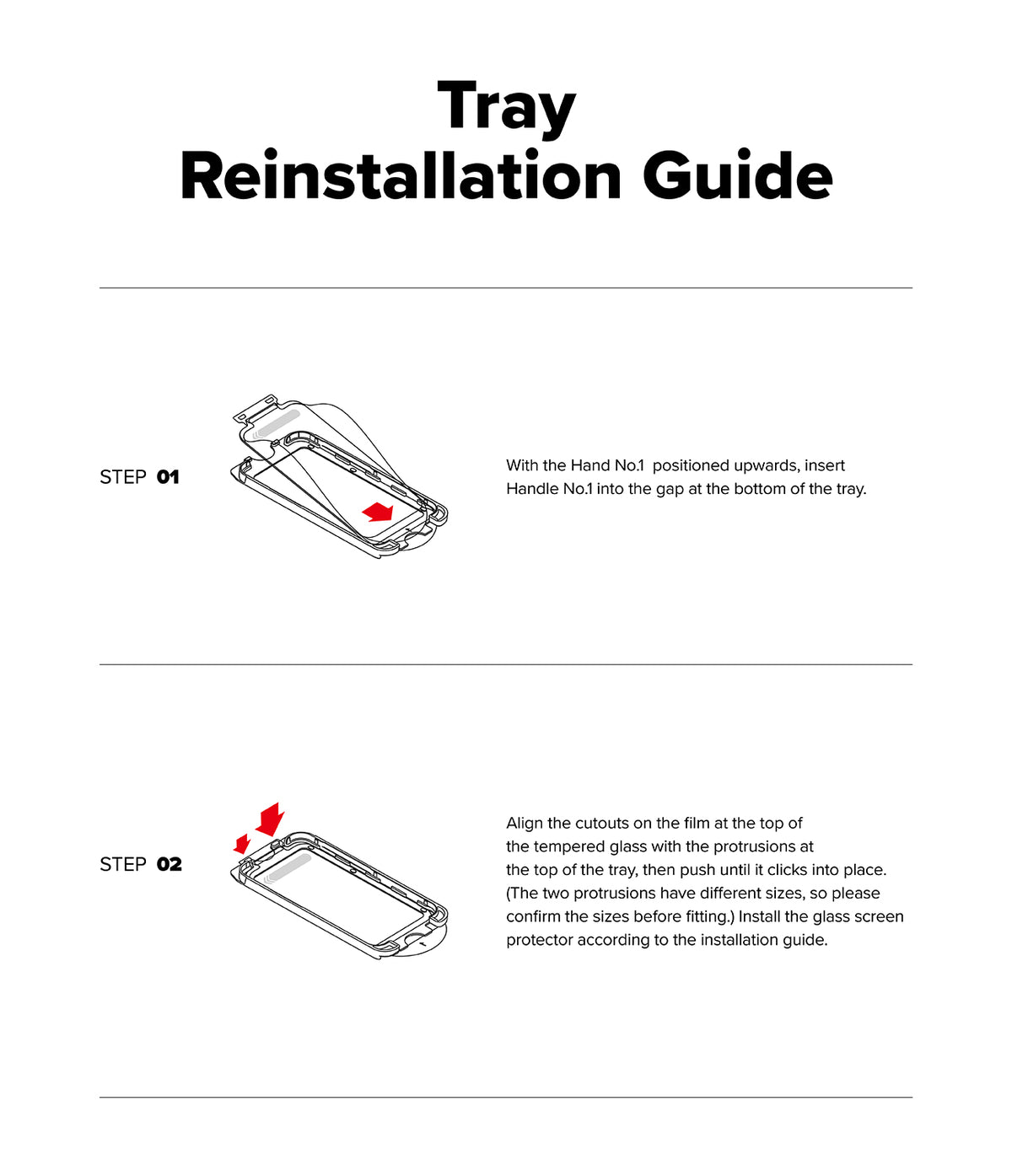 iPhone 16 / 15 Screen Protector | Easy Slide Tempered Glass - iPhone 16 / 15 Screen Protector - Two-step diagram showing how to insert and align a screen protector into an installation tray.