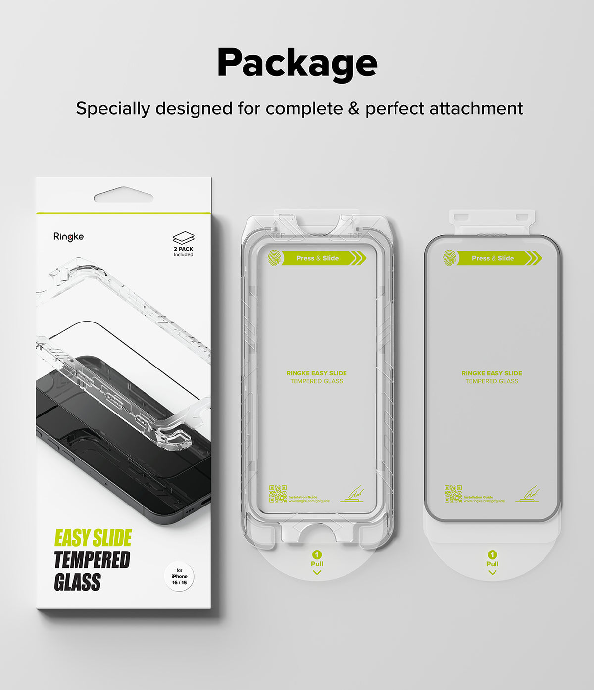 iPhone 16 / 15 Screen Protector | Easy Slide Tempered Glass - iPhone 16 / 15 Screen Protector - Ringke Easy Slide tempered glass packaging with installation tray and two screen protectors.