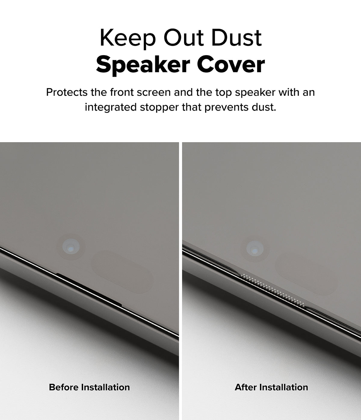 iPhone 16 / 15 Screen Protector | Easy Slide Tempered Glass - iPhone 16 / 15 Screen Protector - Comparison showing a phone speaker before and after installing a dust-proof screen cover.