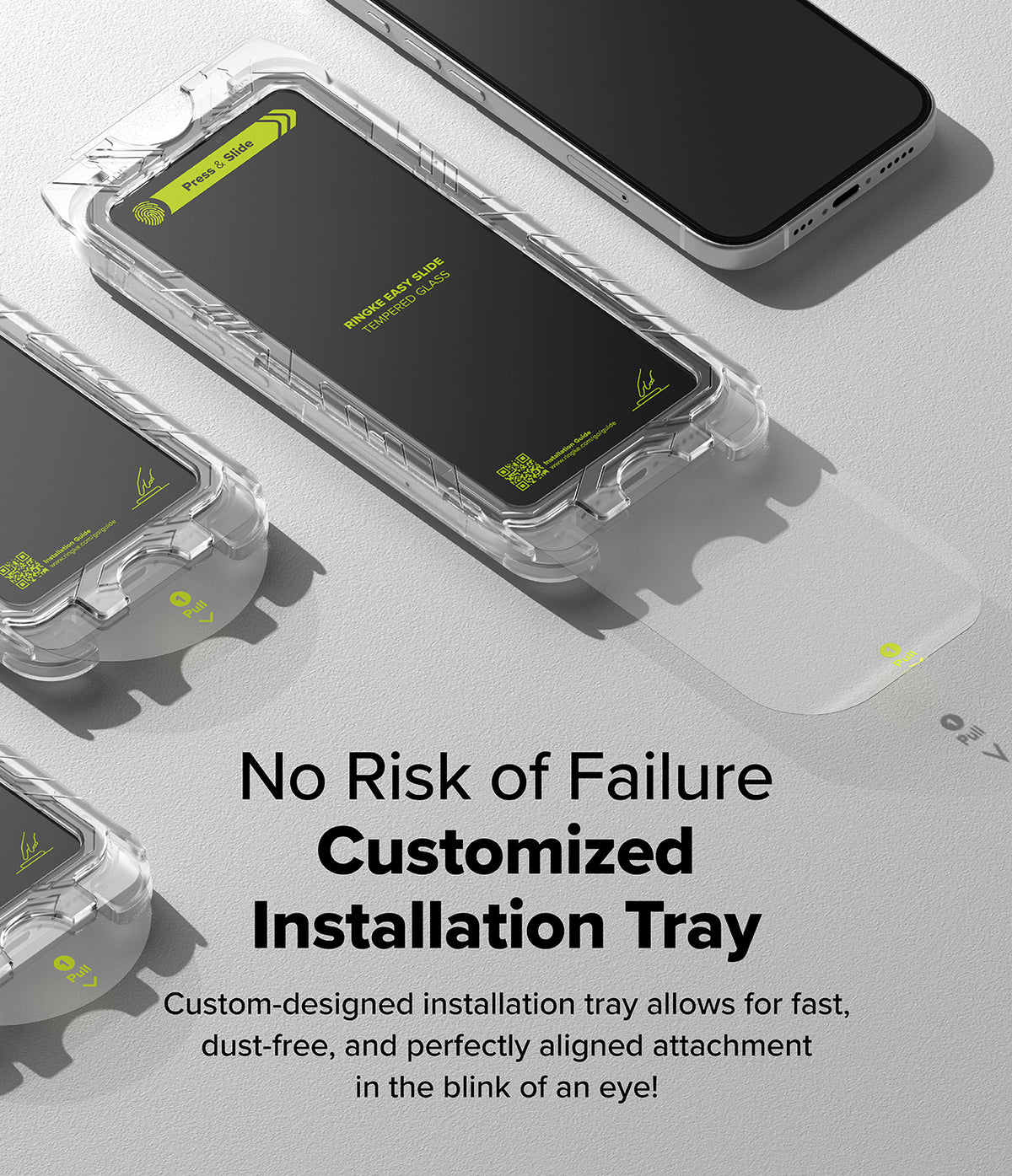 iPhone 16 / 15 Screen Protector | Easy Slide Tempered Glass - iPhone 16 / 15 Screen Protector - Clear installation tray with a sliding tempered glass protector next to an iPhone.
