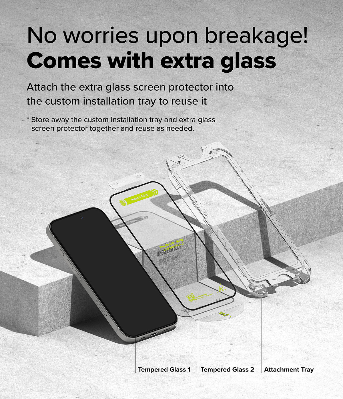 iPhone 16 / 15 Screen Protector | Easy Slide Tempered Glass - iPhone 16 / 15 Screen Protector - Smartphone, two tempered glass protectors, and an installation tray on a concrete surface.