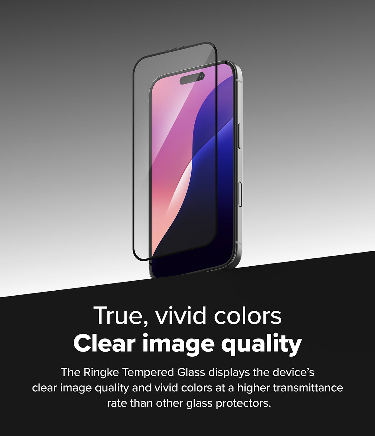 iPhone 16 / 15 Screen Protector | Easy Slide Tempered Glass - iPhone 16 / 15 Screen Protector - Tempered glass screen protector hovering above an iPhone screen displaying vivid colors.