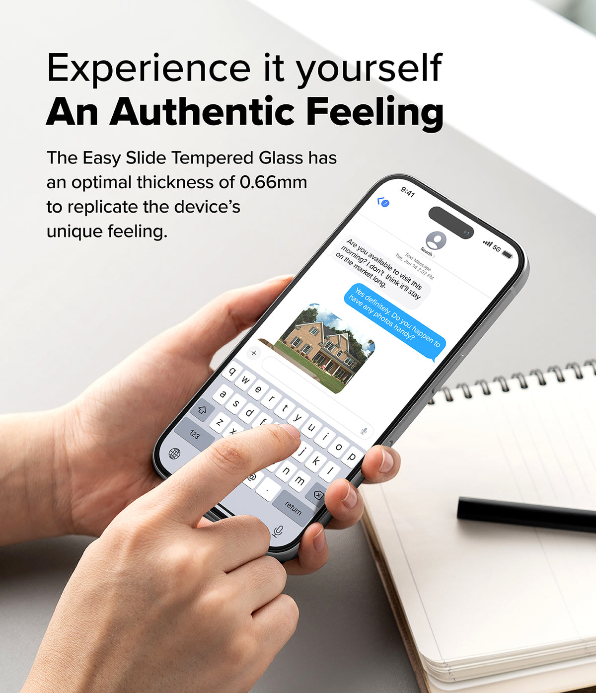 iPhone 16 / 15 Screen Protector | Easy Slide Tempered Glass - iPhone 16 / 15 Screen Protector - Hand holding a smartphone with tempered glass, displaying a text message conversation.