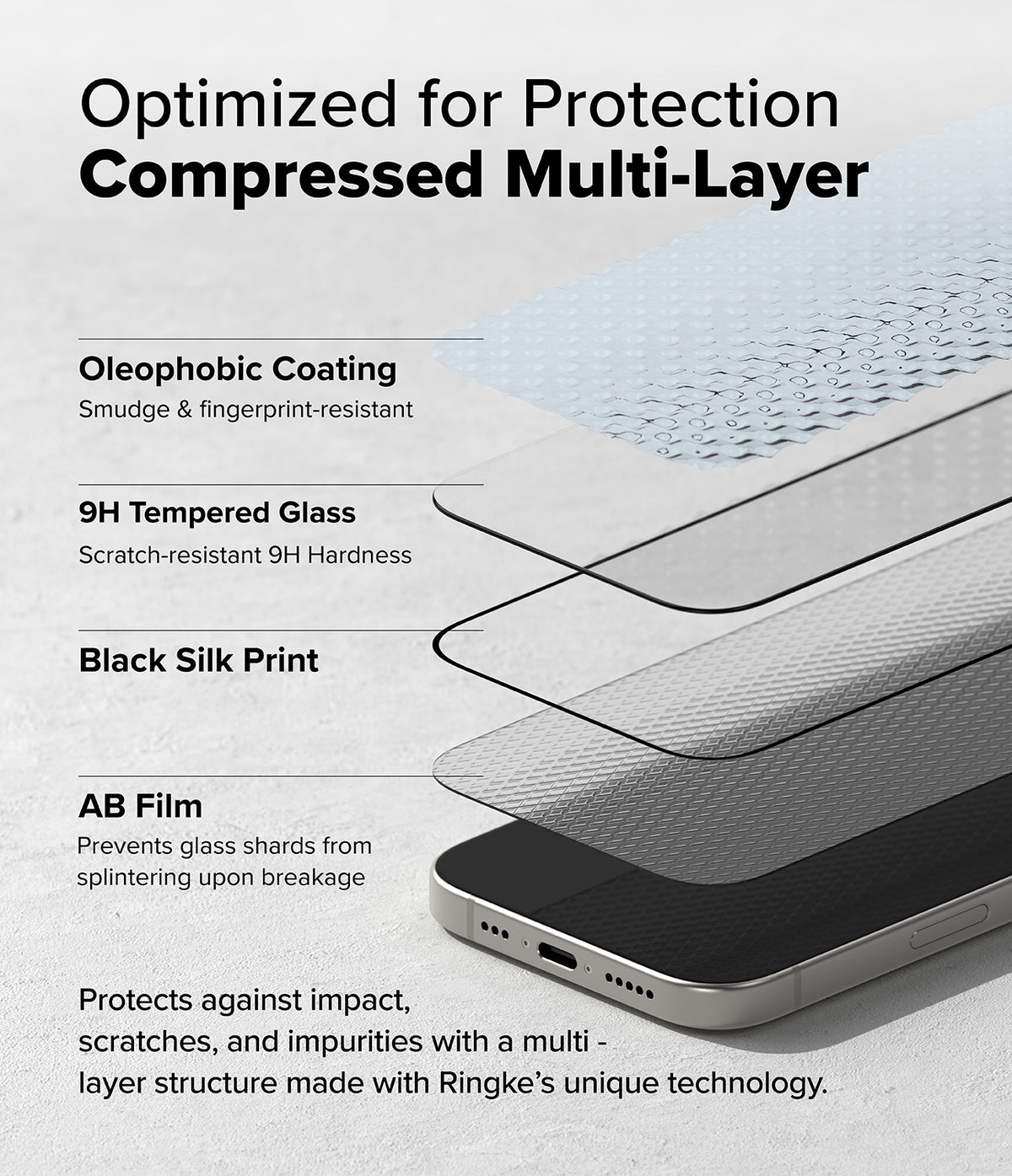 iPhone 16 / 15 Screen Protector | Easy Slide Tempered Glass - iPhone 16 / 15 Screen Protector - Exploded view showing multi-layer tempered glass structure over an iPhone screen.