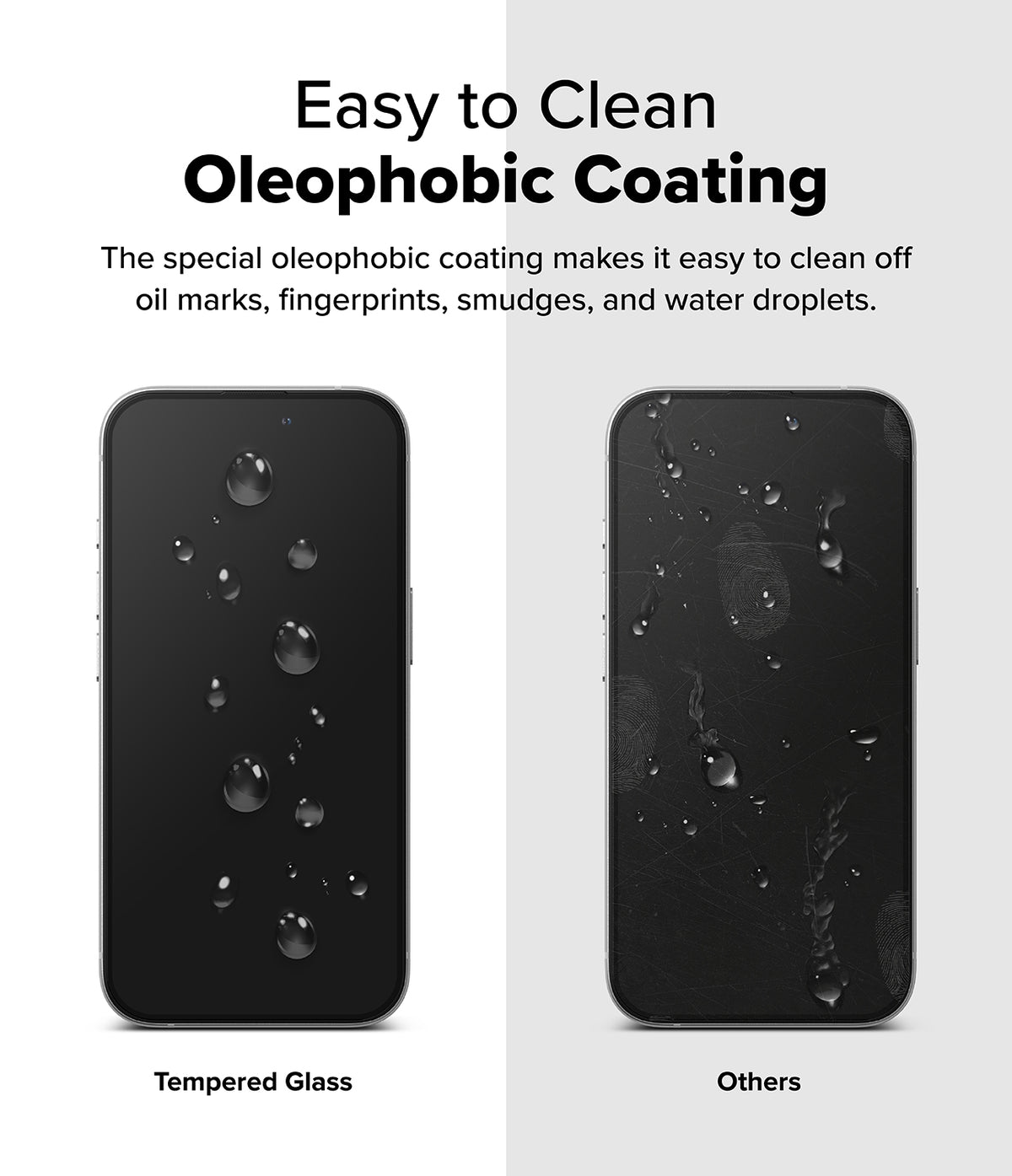 iPhone 16 / 15 Screen Protector | Easy Slide Tempered Glass - iPhone 16 / 15 Screen Protector - Comparison showing water beading on oleophobic glass versus smudges on standard glass.
