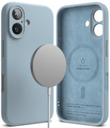 iPhone 16 Plus Case | Silicone Magnetic - Light blue magnetic silicone phone case shown from back and interior.
