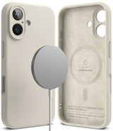 iPhone 16 Plus Case | Silicone Magnetic - Beige silicone case with magnetic charger and suede-lined interior.