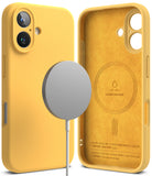 iPhone 16 Plus Case | Silicone Magnetic - Yellow silicone case with magnetic charger and suede-lined interior.