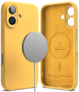 iPhone 16 Plus Case | Silicone Magnetic - Yellow silicone case with magnetic charger and suede-lined interior.