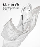 iPhone Air Case | Air - A clear, lightweight phone case floating amidst flowing white fabric with text about its weight.