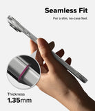 iPhone Air Case | Air - Hand holding a slim, clear iPhone case with a magnified view highlighting its 1.35mm thickness.
