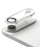 iPhone Air | Camera Glass - A protective glass cover hovering above the rear camera module of a white smartphone.