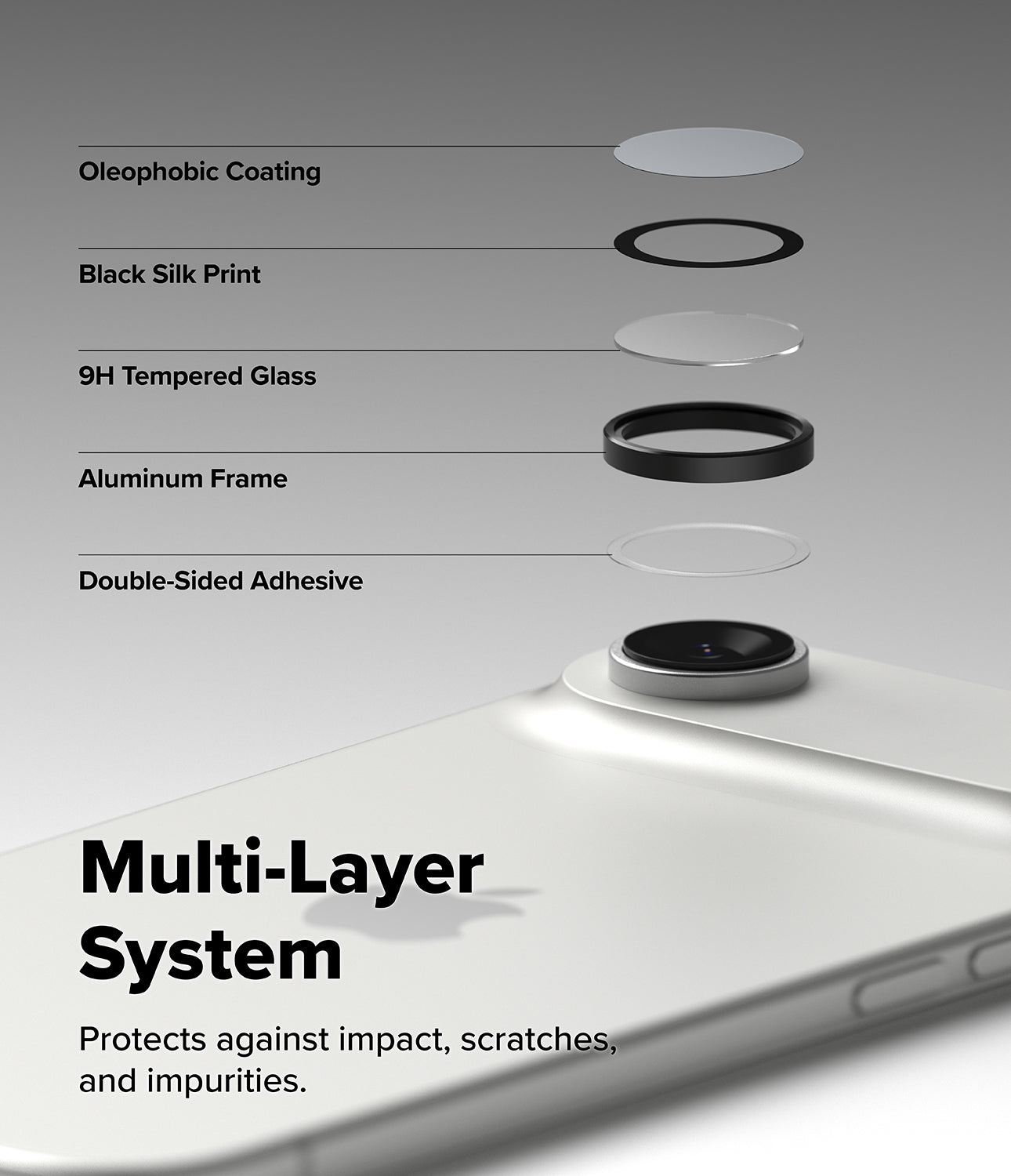 [Bundle] iPhone Air | Silicone Magnetic - Exploded view of a multi-layer camera lens protector above an iPhone.