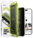 iPhone Air Screen Protector | Easy Slide Privacy Tempered Glass - iPhone Air Screen Protector - Neon green installation tray with privacy glass positioned in front of an iPhone.