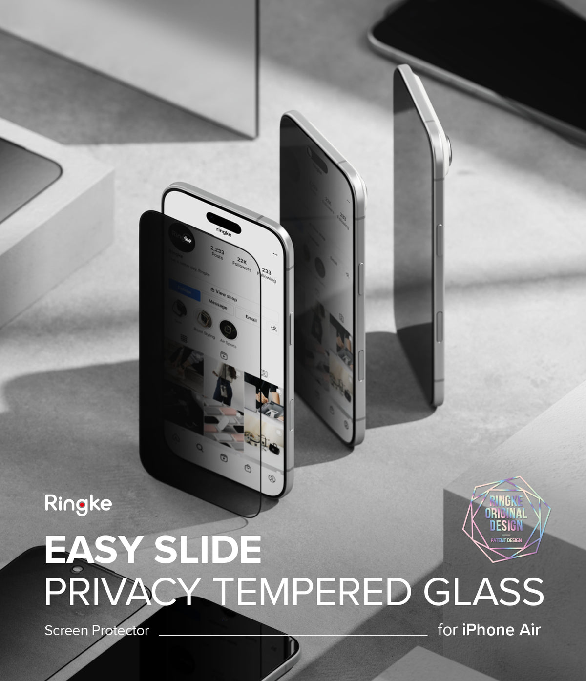 [Bundle] iPhone Air | Onyx Magnetic - Bundle: iPhone Air | Onyx Magnetic - Privacy screen protector being applied to an iPhone on a grey surface.