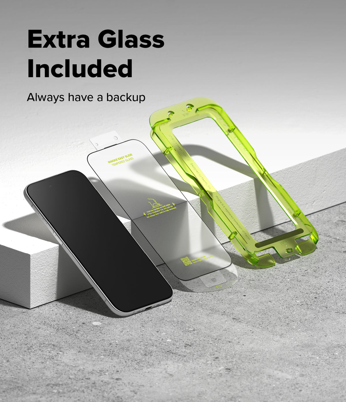 [Bundle] iPhone Air | Fusion-X Magnetic - Smartphone, tempered glass screen protector, and green installation tray on a ledge.