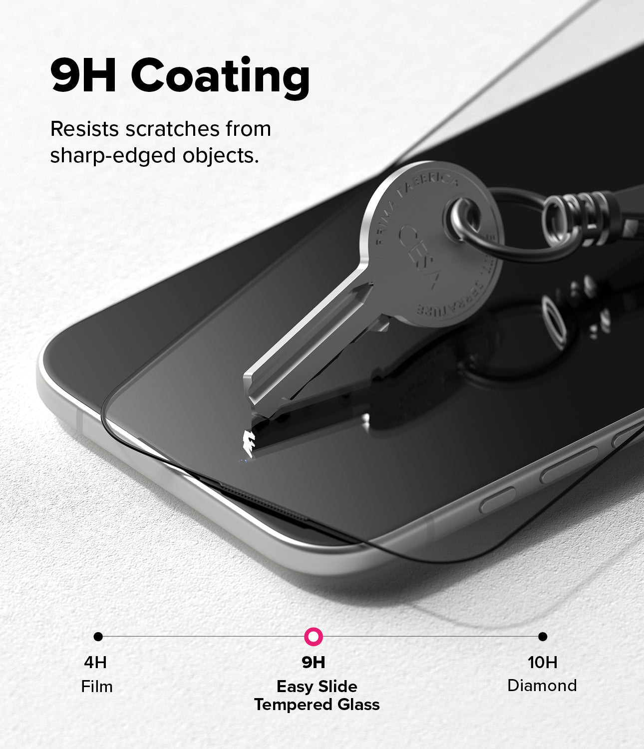 iPhone Air Screen Protector | Easy Slide Tempered Glass - iPhone Air Screen Protector - Metal key scratching a smartphone screen with 9H coating text and hardness scale graphic.