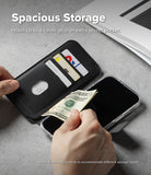 iPhone Air Cover | Folio Grip Wallet Magnetic - iPhone Air Cover - Black magnetic folio wallet case holding cards and cash, showing interior slots and a secret pocket.