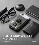 [Combo] iPhone Air Cover | Folio Grip Wallet Magnetic + Fusion Magnetic - Black magnetic phone wallet with grip on desk.