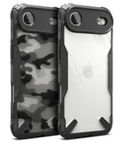 iPhone Air Case | Fusion-X - Two rugged black protective cases, one with camo pattern and one clear, showing camera cutouts.