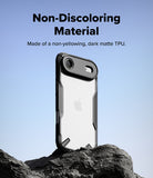 iPhone Air Case | Fusion-X - Black matte TPU phone case with clear back standing on a rock against a blue sky background.