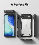 iPhone Air Case | Fusion-X - Exploded view of a black protective phone case showing front, back, and side profiles on a gray background.