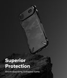 iPhone Air Case | Fusion-X - Black phone case with X-shaped frame and camo pattern, floating above a dark rock.