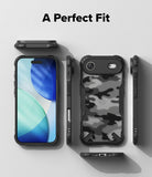 iPhone Air Case | Fusion-X - Exploded view of a black camo phone case showing front, back, and side profiles on a grey background.