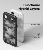 iPhone Air Case | Fusion-X - Exploded view of a camo phone case showing flexible TPU and hard PC layers against a white phone.