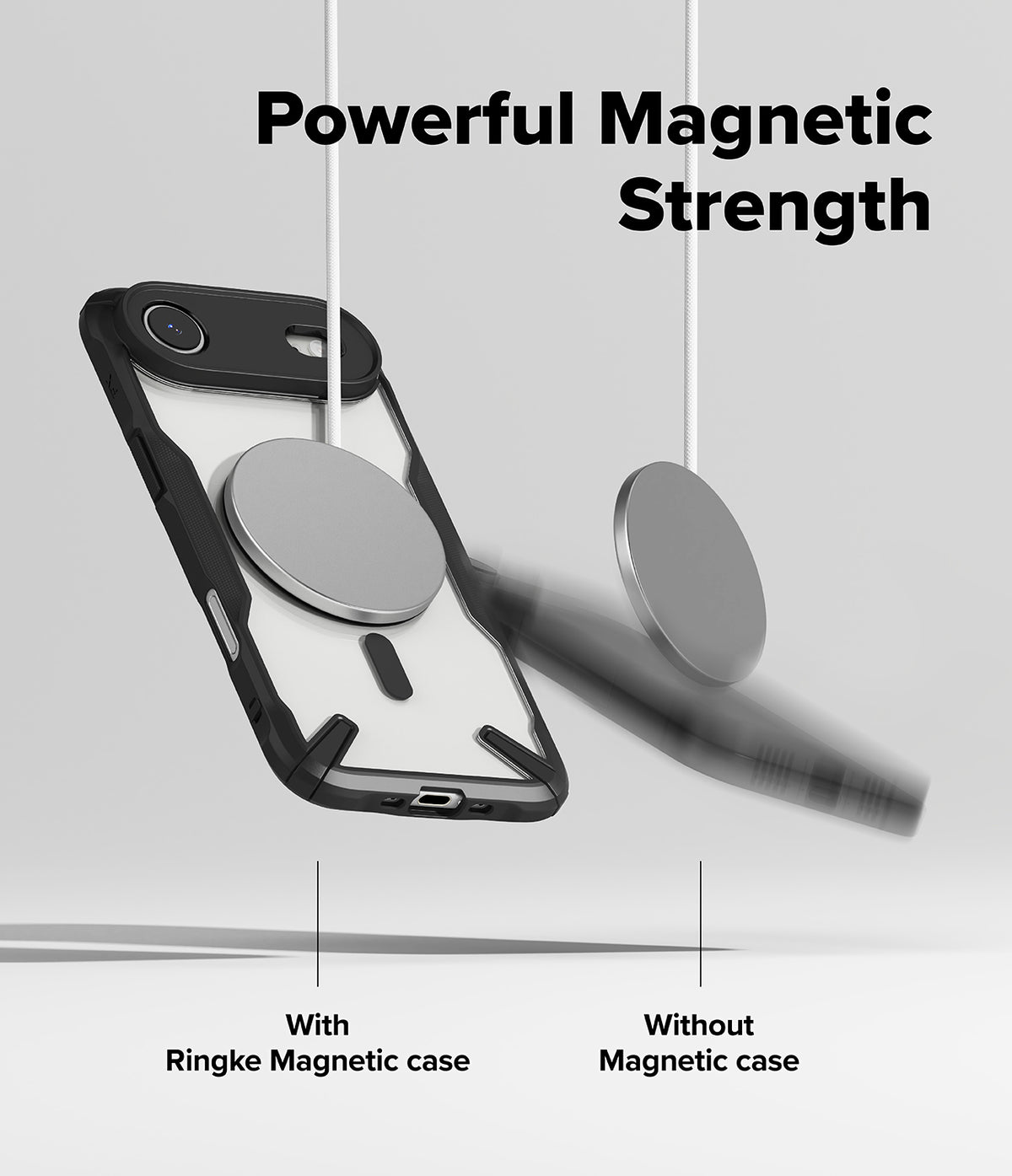 [Bundle] iPhone Air | Fusion-X Magnetic - A magnetic disc sticks to a phone case while another falls away, demonstrating magnetic strength.