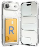 iPhone Air Case | Fusion Card - Clear iPhone case with a built-in card slot holding a gold credit card, shown front and back.