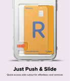 iPhone Air Case | Fusion Card - A clear phone case with a yellow card slot showing a red arrow indicating how to slide out a card.