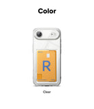 iPhone Air Case | Fusion Card - Clear phone case holding a yellow credit card with a blue R logo on the back.