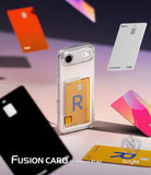 iPhone Air Case | Fusion Card - Clear phone case holding a gold card, surrounded by floating colorful credit cards.