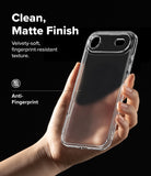 iPhone Air Case | Fusion Matte - Hand holding a clear, matte-finish iPhone case against a black background with text overlays.