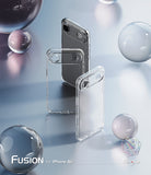 iPhone Air Case | Fusion Matte - Two clear phone cases arranged on a reflective surface with floating glass spheres.