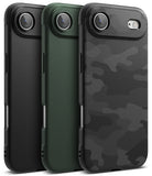 iPhone Air Case | Onyx - Three iPhone cases in black, green, and black camo, featuring textured backs and camera cutouts.