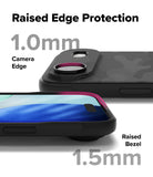 iPhone Air Case | Onyx - Close-up showing 1.0mm camera edge and 1.5mm raised screen bezel protection on a black phone case.
