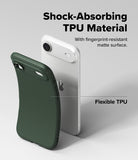 iPhone Air Case | Onyx - A flexible dark green TPU phone case being held next to a silver iPhone with matte text overlays.