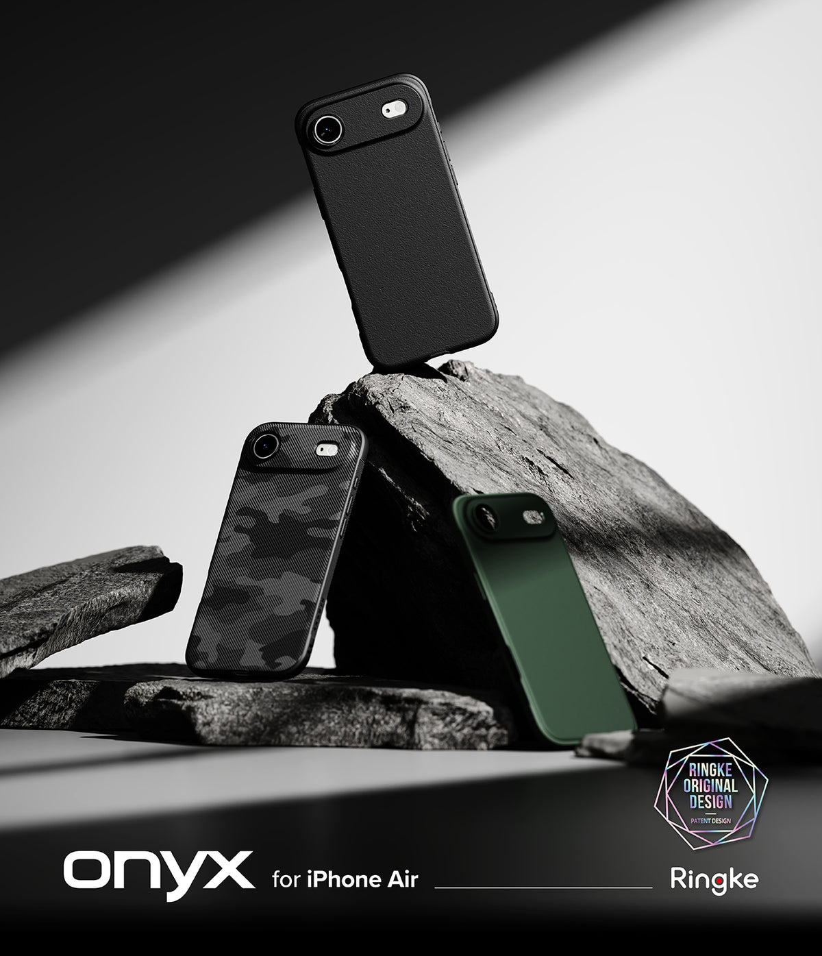 iPhone Air Case | Onyx - Three iPhone Air cases in black, camo, and green displayed on jagged dark rocks.