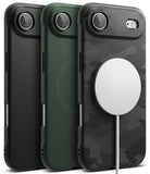 iPhone Air Case | Onyx Magnetic - Three iPhone cases in black, green, and camo with a magnetic charger attached to the camo case.