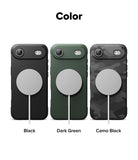 iPhone Air Case | Onyx Magnetic - Three iPhone cases in black, dark green, and camo black, each with a magnetic charging ring.