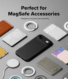 iPhone Air Case | Onyx Magnetic - Black phone case surrounded by various MagSafe wallets, ring holders, and chargers on a gray background.
