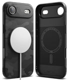 iPhone Air Case | Onyx Magnetic - Black camo phone case with a white magnetic charger attached to the back and interior view.