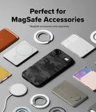 iPhone Air Case | Onyx Magnetic - Black camo phone case surrounded by various MagSafe accessories on a grey background.