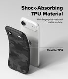 iPhone Air Case | Onyx Magnetic - A flexible black camo phone case next to a silver iPhone with text highlighting TPU material.