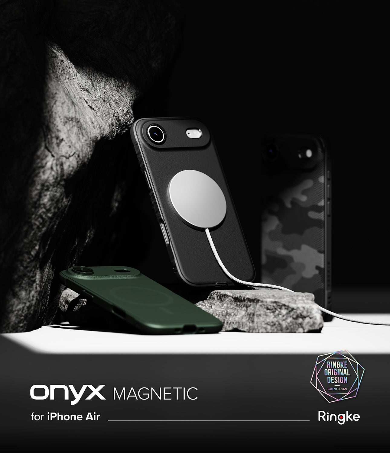 [Bundle] iPhone Air | Onyx Magnetic - Three Onyx magnetic phone cases displayed on rocks with a charging cable attached.