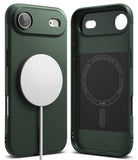 iPhone Air Case | Onyx Magnetic - Dark green phone case with magnetic charger attached and interior view showing branding.
