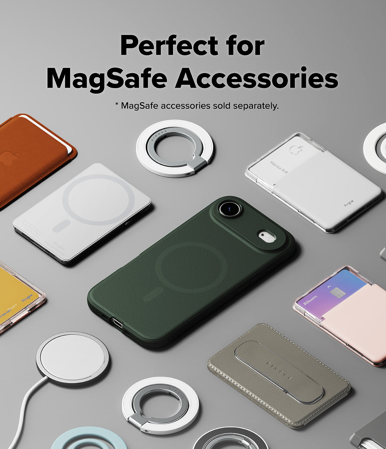 iPhone Air Case | Onyx Magnetic - Dark green phone case surrounded by various MagSafe wallets, chargers, and ring holders.