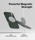 [Bundle] iPhone Air | Onyx Magnetic - A green phone case magnetically attached to a charger, while a phone without a case falls away.